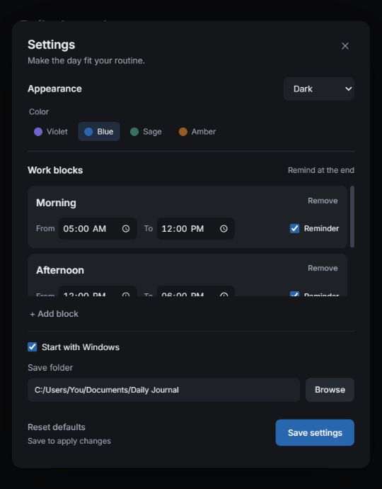 Settings with dark mode, blue accent, editable work blocks, and Reset defaults.