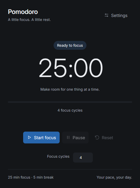 Pomodoro Timer in dark blue, ready for a 25-minute focus session.