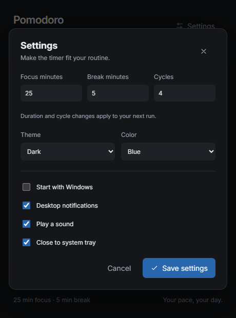 Pomodoro Settings with durations, live themes, notifications, and startup.